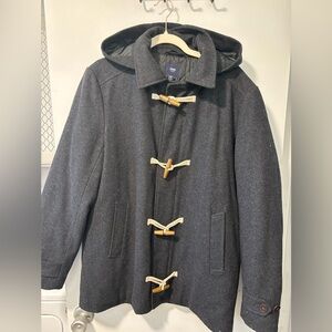 GAP Recycled Wool Duffle Pea Coat Charcoal Gray Hooded Toggle Parka Coat Size M